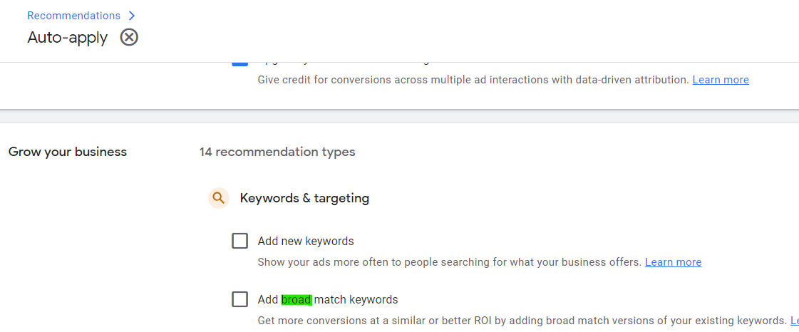 Uncheck the Add Broad Match Keywords box